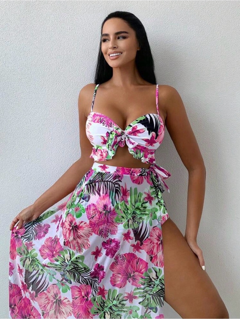 3 Piece Tropical Floral Bikini Set w/ Sarong Pink Green NWOT M